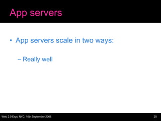 App servers <ul><li>App servers scale in two ways: </li></ul><ul><ul><li>Really well </li></ul></ul>