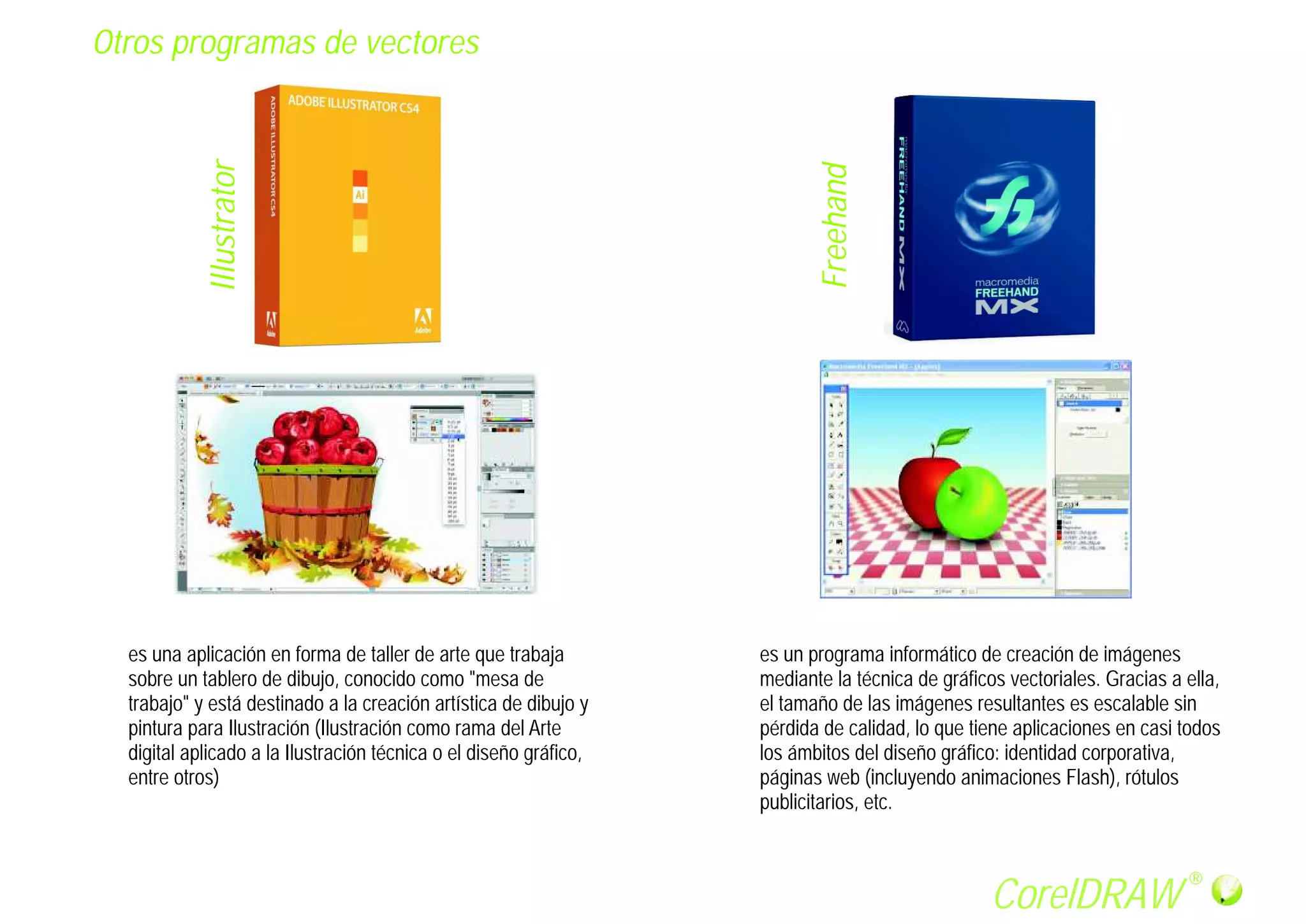Otros programas de vectores




            Illustrator




                                                                          Freehand
  es una aplicación en forma de taller de arte que trabaja         es un programa informático de creación de imágenes
  sobre un tablero de dibujo, conocido como "mesa de               mediante la técnica de gráficos vectoriales. Gracias a ella,
  trabajo" y está destinado a la creación artística de dibujo y    el tamaño de las imágenes resultantes es escalable sin
  pintura para Ilustración (Ilustración como rama del Arte         pérdida de calidad, lo que tiene aplicaciones en casi todos
  digital aplicado a la Ilustración técnica o el diseño gráfico,   los ámbitos del diseño gráfico: identidad corporativa,
  entre otros)                                                     páginas web (incluyendo animaciones Flash), rótulos
                                                                   publicitarios, etc.


                                                                                                                           R

                                                                                                 CorelDRAW
 