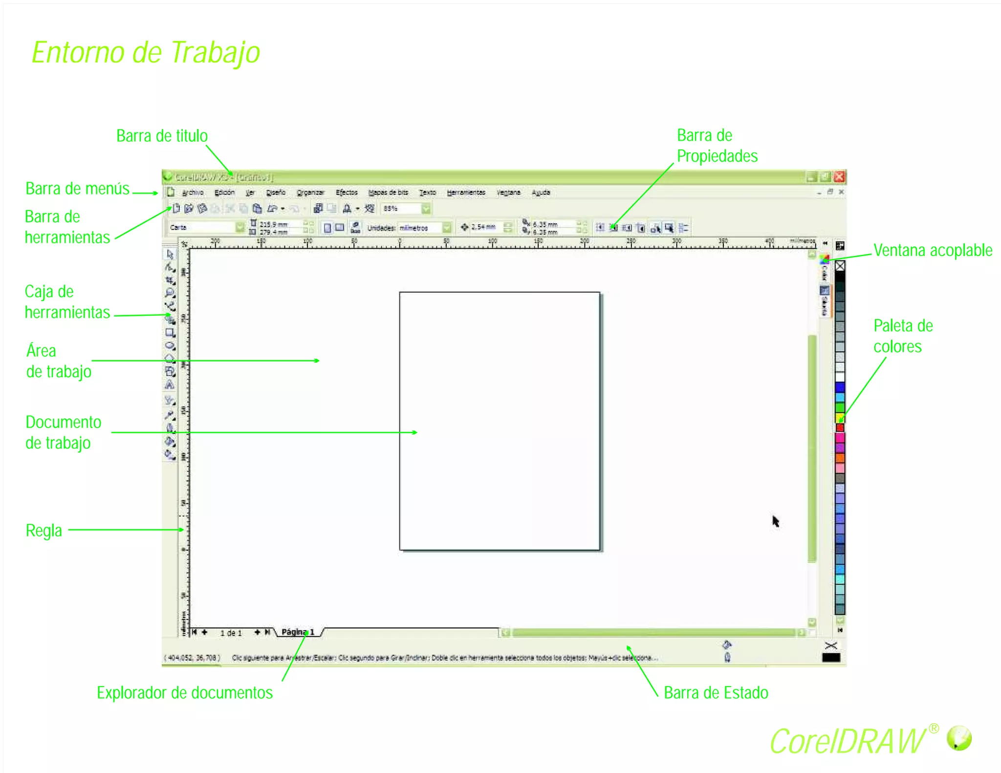 Entorno de Trabajo

               Barra de titulo           Barra de
                                         Propiedades
Barra de menús
Barra de
herramientas
                                                             Ventana acoplable

Caja de
herramientas
                                                             Paleta de
Área                                                         colores
de trabajo

Documento
de trabajo




Regla




             Explorador de documentos   Barra de Estado
                                                                     R

                                                       CorelDRAW
 