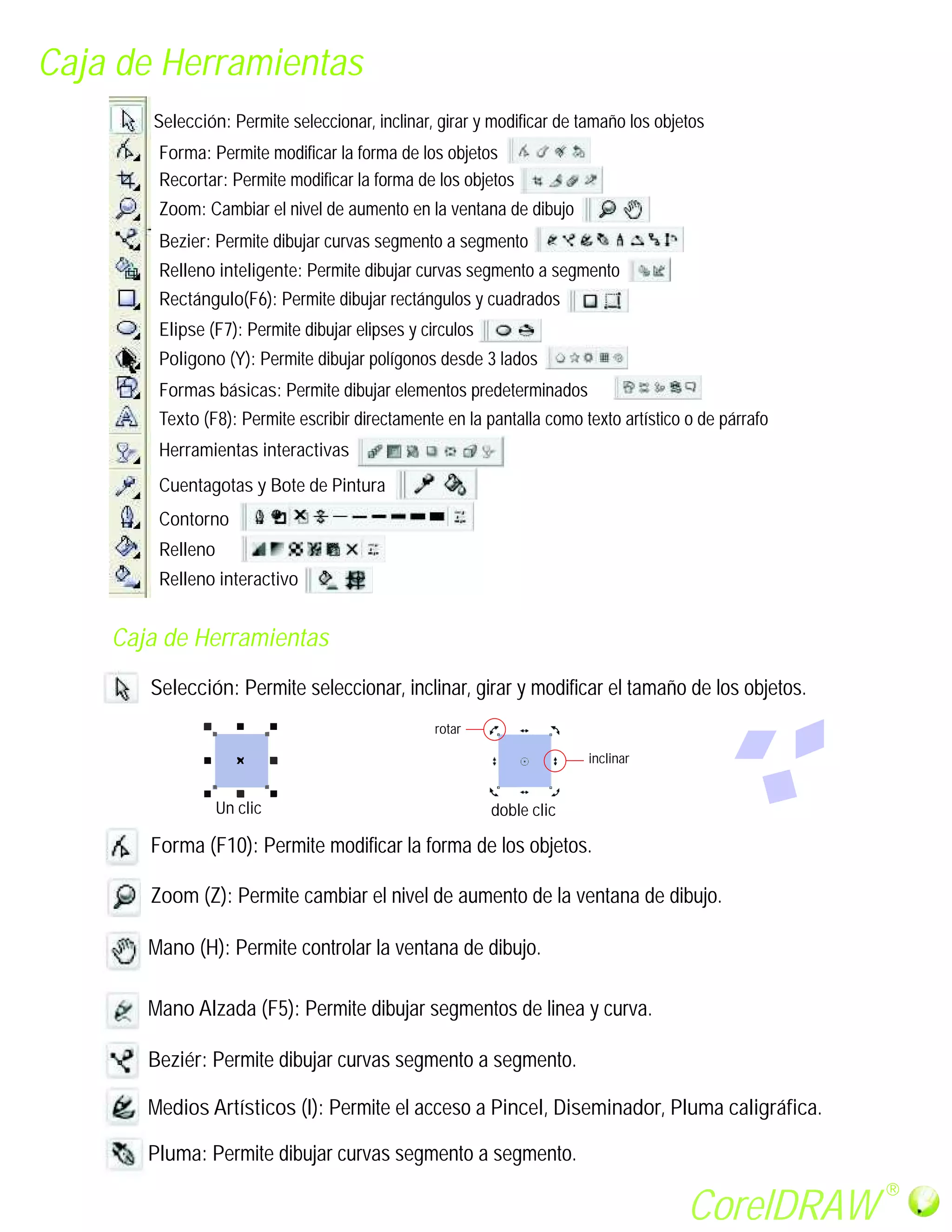 Caja de Herramientas
       Selección: Permite seleccionar, inclinar, girar y modificar de tamaño los objetos
        Forma: Permite modificar la forma de los objetos
        Recortar: Permite modificar la forma de los objetos
        Zoom: Cambiar el nivel de aumento en la ventana de dibujo
        Bezier: Permite dibujar curvas segmento a segmento
        Relleno inteligente: Permite dibujar curvas segmento a segmento
        Rectángulo(F6): Permite dibujar rectángulos y cuadrados
        Elipse (F7): Permite dibujar elipses y circulos
        Poligono (Y): Permite dibujar polígonos desde 3 lados
        Formas básicas: Permite dibujar elementos predeterminados
        Texto (F8): Permite escribir directamente en la pantalla como texto artístico o de párrafo
        Herramientas interactivas
        Cuentagotas y Bote de Pintura
        Contorno
        Relleno
        Relleno interactivo


    Caja de Herramientas
       Selección: Permite seleccionar, inclinar, girar y modificar el tamaño de los objetos.
                                                 rotar

                                                                       inclinar


                  Un clic                                 doble clic

       Forma (F10): Permite modificar la forma de los objetos.

       Zoom (Z): Permite cambiar el nivel de aumento de la ventana de dibujo.

       Mano (H): Permite controlar la ventana de dibujo.

       Mano Alzada (F5): Permite dibujar segmentos de linea y curva.

       Beziér: Permite dibujar curvas segmento a segmento.

       Medios Artísticos (I): Permite el acceso a Pincel, Diseminador, Pluma caligráfica.

       Pluma: Permite dibujar curvas segmento a segmento.
                                                                                                     R

                                                                                      CorelDRAW
 