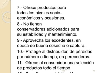 7.- Ofrece productos para
todos los niveles socio-
económicos y ocasiones.
8.- No tienen
conservadores adicionados para
su estabilidad y mantenimiento.
9.- Aprovecha los excedentes, en
época de buena cosecha o captura.
10.- Protege al distribuidor, de pérdidas
por número o tiempo, en perecederos.
11.- Ofrece al consumidor una selección
de productos todo el tiempo.GOD 45
 