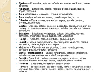  Ajedrea – Ensaladas, adobos, infusiones, salsas, verduras, carnes
de cerdo
 Albahaca – Ensaladas, salsas, ragouts, pesto, pizzas, queso,
sopas, verduras
 Anís estrellado – Infusiones, licores, vino caliente
 Anís verde – Infusiones, sopas, pan de especias, licores
 Cilandro – Caza, carnes, ensaladas, sopas, pan de centeno,
chutney, guacamole
 Eneldo – Adobos, salsas, pasteles, pescados, sopas, arroz, pan de
centeno, conservas salmón y arenque, patatas, ensaladas, huevos,
encurtidos
 Estragón – Ensaladas, vinagretas, salsas, pescados, carnes,
mariscos, encurtidos, setas, caldos, pan, vegetales
 Hinojo – Pescados, carnes, verduras, pasteles, pan,
 Laurel – Salsas, caldo pescado, bouquet garni, verduras, carnes,
estofados, tomates, legumbres, sopas
 Mejorana – Ragouts, carnes picadas, pizzas, tomate, panes,
pescado, pizzas, verduras, pescado
 Menta – Hierbabuena – Salsas, vinagretas, cordero, infusiones,
helados, sopas, quesos, compota fruta, patatas,
 Perejil – Guarnición, salsas, ensaladas, sopas, adobos, caldos
pescado, huevos, verduras, sopas, estofado, cocas verdura
 Perifollo – Ensaladas, vinagretas, salsas, sopas
 Romero – Bouquet garni, pescado, caza, carnes, infusiones, sopas,
verduras, legumbres, arroz, quesos, salsas, panes, ensaladas, pan,GOD 8
 