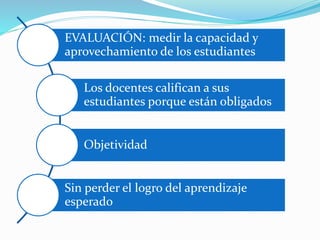 EVALUACIÓN: medir la capacidad y
aprovechamiento de los estudiantes
Los docentes califican a sus
estudiantes porque están obligados
Objetividad
Sin perder el logro del aprendizaje
esperado
 