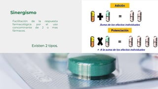 Facilitación de la respuesta
farmacológica por el uso
concominante de 2 o mas
fármacos.
Existen 2 tipos.
Sinergismo
 