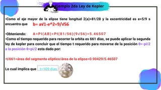 •Como el eje mayor de la elipse tiene longitud 2(a)=81/28 y la excentricidad es e=5/9 s
encuentra que
•Obteniendo:
•Como el tiempo requerido para recorrer la orbita es 661 días, se puede aplicar la segunda
ley de kepler para concluir que el tiempo t requerido para moverse de la posición θ=-pi/2
a la posición θ=pi/2 esta dado por:
•t/661=área del segmento elíptico/área de la elipse=0.90429/5.46507
Lo cual implica que t=109 días
A=PI(AB)=PI(81/56)(9√56)=5.46507
Ejemplo 2da Ley de Kepler
 