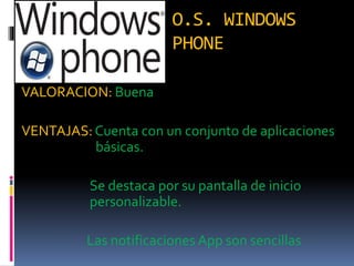 O.S. WINDOWS
PHONE
VALORACION: Buena
VENTAJAS:Cuenta con un conjunto de aplicaciones
básicas.
Se destaca por su pantalla de inicio
personalizable.
Las notificaciones App son sencillas
 