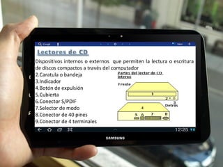 Dispositivos internos o externos  que permiten la lectura o escritura de discos compactos a través del computador Caratula o bandeja Indicador Botón de expulsión Cubierta Conector S/PDIF Selector de modo Conector de 40 pines Conector de 4 terminales 