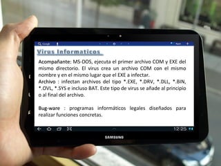 Acompañante:  MS-DOS, ejecuta el primer archivo COM y EXE del mismo directorio. El virus crea un archivo COM con el mismo nombre y en el mismo lugar que el EXE a infectar. Archivo  : infectan archivos del tipo *.EXE, *.DRV, *.DLL, *.BIN, *.OVL, *.SYS e incluso BAT. Este tipo de virus se añade al principio o al final del archivo. Bug-ware  : programas informáticos legales diseñados para realizar funciones concretas. 