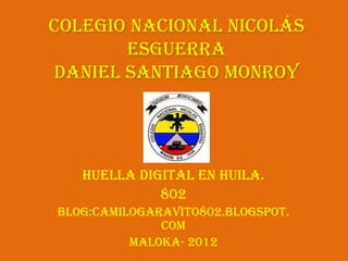 Colegio Nacional Nicolás
       Esguerra
Daniel Santiago Monroy




   Huella digital en Huila.
             802
Blog:camilogaravito802.blogspot.
              com
          Maloka- 2012
 