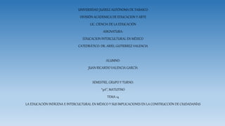 UNIVERSIDAD JUÁREZ AUTÓNOMA DE TABASCO
DIVISIÓN ACÁDEMICA DE EDUCACION Y ARTE
LIC. CIENCIA DE LA EDUCACIÓN
ASIGNATURA:
EDUCACION INTERCULTURAL EN MÉXICO
CATEDRÁTICO: DR. ARIEL GUTIERREZ VALENCIA
ALUMNO:
JUAN RICARDO VALENCIA GARCÍA
SEMESTRE, GRUPO Y TURNO:
“9A”, MATUTINO
TEMA 14
LA EDUCACIÓN INDÍGENA E INTERCULTURAL EN MÉXICO Y SUS IMPLICACIONES EN LA CONSTRUCCIÓN DE CIUDADANÍAS
 