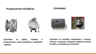 Proyecciones metálicas Cavidades
Consisten en aletas, rebabas o
proyecciones, como ampollas y superficies
rugosas.
Consist...