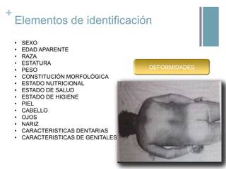 +

Elementos de identificación
•
•
•
•
•
•
•
•
•
•
•
•
•
•
•

SEXO
EDAD APARENTE
RAZA
ESTATURA
PESO
CONSTITUCIÓN MORFOLÓGICA
ESTADO NUTRICIONAL
ESTADO DE SALUD
ESTADO DE HIGIENE
PIEL
CABELLO
OJOS
NARIZ
CARACTERISTICAS DENTARIAS
CARACTERISTICAS DE GENITALES

DEFORMIDADES

 