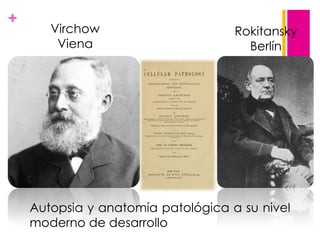 +

Virchow
Viena

Rokitansky
Berlín

Autopsia y anatomía patológica a su nivel
moderno de desarrollo

 