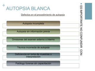 

AUTOPSIA BLANCA
Defectos en el procedimiento de autopsia

Autopsia incompleta
Autopsia sin información previa
Omisiones del examen externo o interno
Técnica incorrecta de autopsia
Deficiencia en toma de muestras o
interpretación
Patólogo forense sin capacitación

ES IMPORTANTE NO CONFUNDIR CON:

+

 