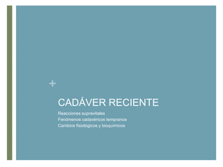 +
CADÁVER RECIENTE
Reacciones supravitales
Fenómenos cadavéricos tempranos
Cambios fisiológicos y bioquímicos

 