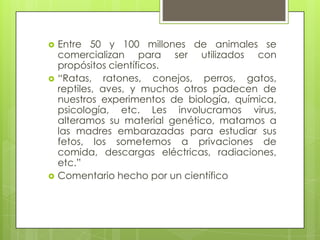 La mayor parte de la sociedad no justificaría que se experimentara con humanos en contra de su voluntad, aunque esto supusiera grandes avances en la búsqueda de vacunas y curas. El mismo criterio debe seguirse con los demás animales por que ellos al igual que nosotros no quieren morir y desean disfrutar de su vida y su libertad.