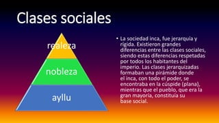 Clases sociales
realeza
nobleza
ayllu
• La sociedad inca, fue jerarquía y
rígida. Existieron grandes
diferencias entre las clases sociales,
siendo estas diferencias respetadas
por todos los habitantes del
imperio. Las clases jerarquizadas
formaban una pirámide donde
el inca, con todo el poder, se
encontraba en la cúspide (plana),
mientras que el pueblo, que era la
gran mayoría, constituía su
base social.
 