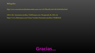 Gracias…
Bibliografías:
http://www.conocimientosfundamentales.unam.mx/vol1/filosofia/m01/t01/01t01s02a.html
(2012, 05). Axiomatica Juridica. ClubEnsayos.com. Recuperado 05, 2012, de
https://www.clubensayos.com/Temas-Variados/Axiomatica-Juridica/176238.html
 