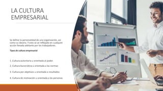 LA CULTURA
EMPRESARIAL
Se define la personalidad de una organización, así
como su ideario. Y esto se ve reflejado en cualquier
acción llevada adelante por los trabajadores.
Tiposde cultura empresarial
1. Cultura autoritaria u orientada al poder.
2. Cultura burocrática u orientada a las normas
3. Cultura por objetivos u orientada a resultados
4. Cultura de motivación u orientada a las personas
 