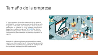 Tamaño de la empresa
En lo que respecta al tamaño, como se ha dicho, existe la
posibilidad de constituir empresas partiendo desde un solo
integrante o trabajador. Este sería el caso de las empresas
individuales. Ya subiendo en cifras, podemos encontrar las
“pequeñas y medianas empresas” o PYMES. Por último,
tendríamos a las grandes empresas con gran cantidad de
trabajadores en plantilla y altas cifras en sus volúmenes de
negocio.
Teniendo en cuenta su número de componentes, pueden
encontrarse diferentes formas de Estructuras empresariales
y la forma en que las funciones y poderes de la empresa de
distribuyen a lo largo y ancho de su organigrama.
 
