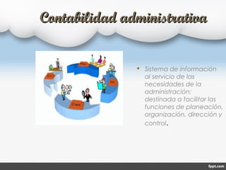 Contabilidad administrativaContabilidad administrativa
 Sistema de información
al servicio de las
necesidades de la
administración;
destinada a facilitar las
funciones de planeación,
organización, dirección y
control.
 