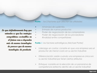 Lo que definitivamente hay queLo que definitivamente hay que
entender es que las ventajasentender es que las ventajas
competitivas sostenibles encompetitivas sostenibles en
el futuro van a dependerel futuro van a depender
más de nuevas tecnologíasmás de nuevas tecnologías
de proceso que de nuevasde proceso que de nuevas
tecnologías de productotecnologías de producto
Punto 1: los 5 factores que afectan las utilidades
• Amenaza de suplentes
• Entrada de nuevos productos
• Poder de negociación de los compradores
• Poder de negociación de los proveedores
• Rivalidad entre competidores
Punto 2: los factores estratégicos (Michael Porter)
• Liderazgo en costos; consiste en que una empresa sea el
productor de menor costo en su sector industrial.
• Diferenciación; existe cuando una empresa es única en
su sector industrial por tener ciertos atributos
• Enfoque; consiste en la elección de un panorama de
competencia estrecho dentro de un sector industrial
 