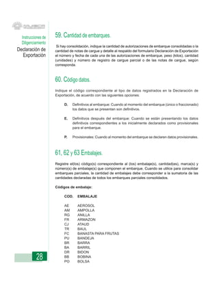 Instrucciones de   59. Cantidad de embarques.
  Diligenciamiento
                      Si hay consolidación, indique la cantidad de autorizaciones de embarque consolidadas o la
Declaración de       cantidad de notas de cargue y detalle al respaldo del formulario Declaración de Exportación
  Exportación        el número y fecha de cada una de las autorizaciones de embarque, peso (kilos), cantidad
                     (unidades) y número de registro de cargue parcial o de las notas de cargue, según
                     corresponda.



                     60. Código datos.
                     Indique el código correspondiente al tipo de datos registrados en la Declaración de
                     Exportación, de acuerdo con las siguientes opciones:

                          D.   Definitivos al embarque: Cuando al momento del embarque (único o fraccionado)
                               los datos que se presentan son definitivos.

                          E.   Definitivos después del embarque: Cuando se están presentando los datos
                               definitivos correspondientes a los inicialmente declarados como provisionales
                               para el embarque.

                          P.   Provisionales: Cuando al momento del embarque se declaren datos provisionales.



                     61, 62 y 63 Embalajes.
                     Registre el(los) código(s) correspondiente al (los) embalaje(s), cantidad(es), marca(s) y
                     número(s) de embalaje(s) que componen el embarque. Cuando se utilice para consolidar
                     embarques parciales, la cantidad de embalajes debe corresponder a la sumatoria de las
                     cantidades declaradas de todos los embarques parciales consolidados.

                     Códigos de embalaje:

                          COD.     EMBALAJE

                          AE       AEROSOL
                          AM       AMPOLLA
                          RG       ANILLA
                          FR       ARMAZON
                          CJ       ATAUD
                          TR       BAUL
                          FC       BANASTA PARA FRUTAS
                          PU       BANDEJA
                          BR       BARRA
                          BA       BARRIL
                          DR       BIDON
           28             BB
                          PO
                                   BOBINA
                                   BOLSA
 