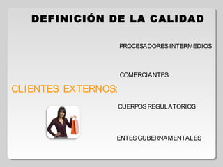 DEFINICIÓN DE LA CALIDAD
CLIENTES EXTERNOS:
PROCESADORESINTERMEDIOS
COMERCIANTES
CUERPOSREGULATORIOS
ENTESGUBERNAMENTALES
 
