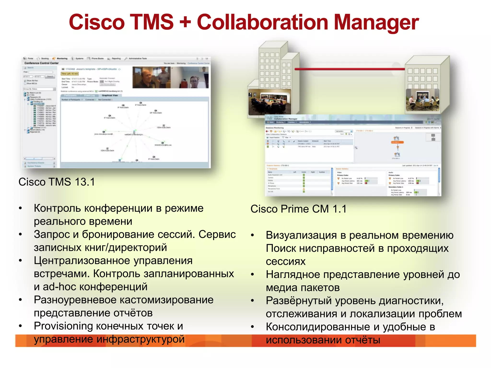 Cisco TMS + Collaboration Manager




Cisco TMS 13.1

•   Контроль конференции в режиме          Cisco Prime CM 1.1
    реального времени
•   Запрос и бронирование сессий. Сервис   •   Визуализация в реальном времению
    записных книг/директорий                   Поиск нисправностей в проходящих
•   Централизованное управления                сессиях
    встречами. Контроль запланированных    •   Наглядное представление уровней до
    и ad-hoc конференций                       медиа пакетов
•   Разноуревневое кастомизирование        •   Развѐрнутый уровень диагностики,
    представление отчѐтов                      отслеживания и локализации проблем
•   Provisioning конечных точек и          •   Консолидированные и удобные в
    управление инфраструктурой                 использовании отчѐты
 