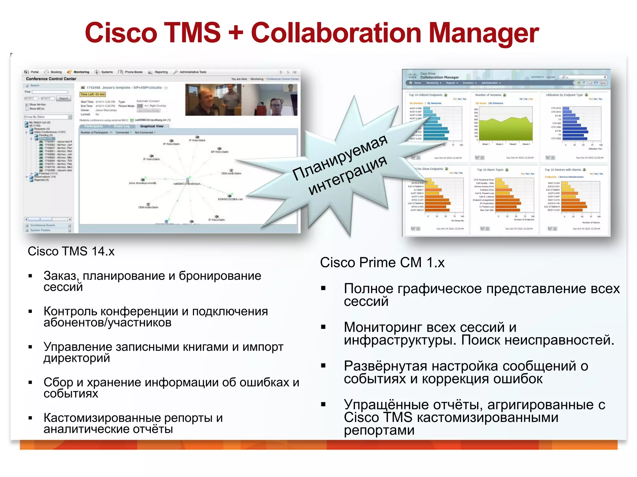 Cisco TMS + Collaboration Manager




Cisco TMS 14.x
                                            Cisco Prime CM 1.x
 Заказ, планирование и бронирование
  сессий                                       Полное графическое представление всех
                                                сессий
 Контроль конференции и подключения
  абонентов/участников                         Мониторинг всех сессий и
 Управление записными книгами и импорт
                                                инфраструктуры. Поиск неисправностей.
  директорий
                                               Развѐрнутая настройка сообщений о
 Сбор и хранение информации об ошибках и       событиях и коррекция ошибок
  событиях
                                               Упращѐнные отчѐты, агригированные с
 Кастомизированные репорты и                   Cisco TMS кастомизированными
  аналитические отчѐты                          репортами
 