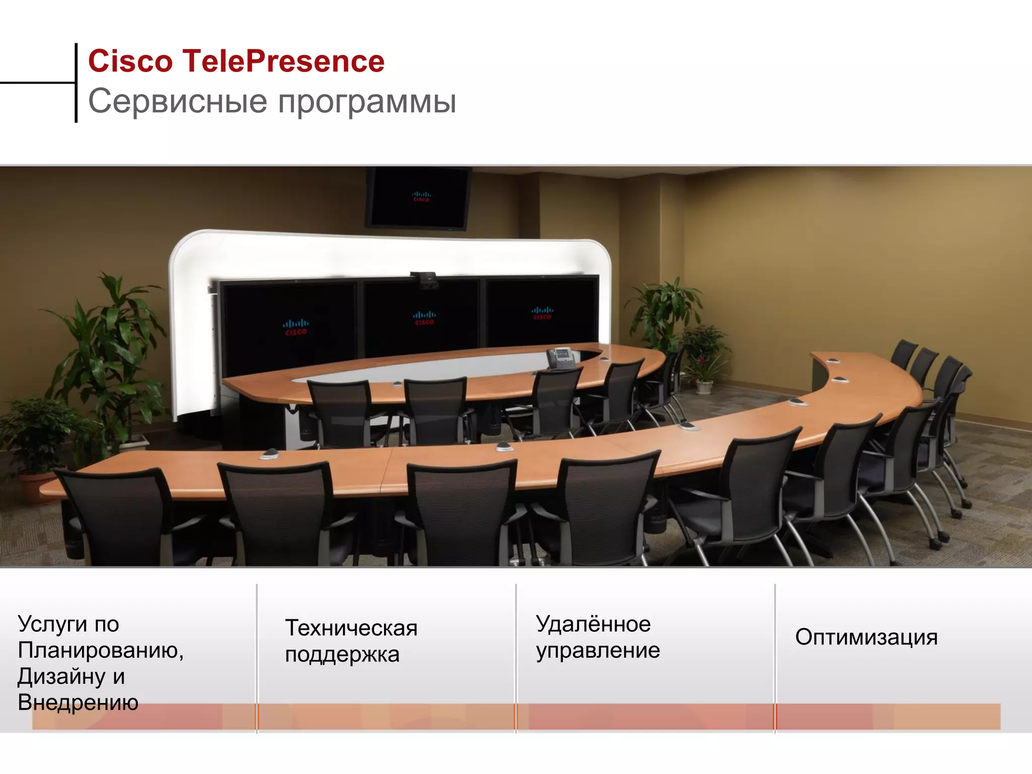 Cisco TelePresence
     Сервисные программы




Услуги по       Техническая   Удалѐнное
                                           Оптимизация
Планированию,   поддержка     управление
Дизайну и
Внедрению
 