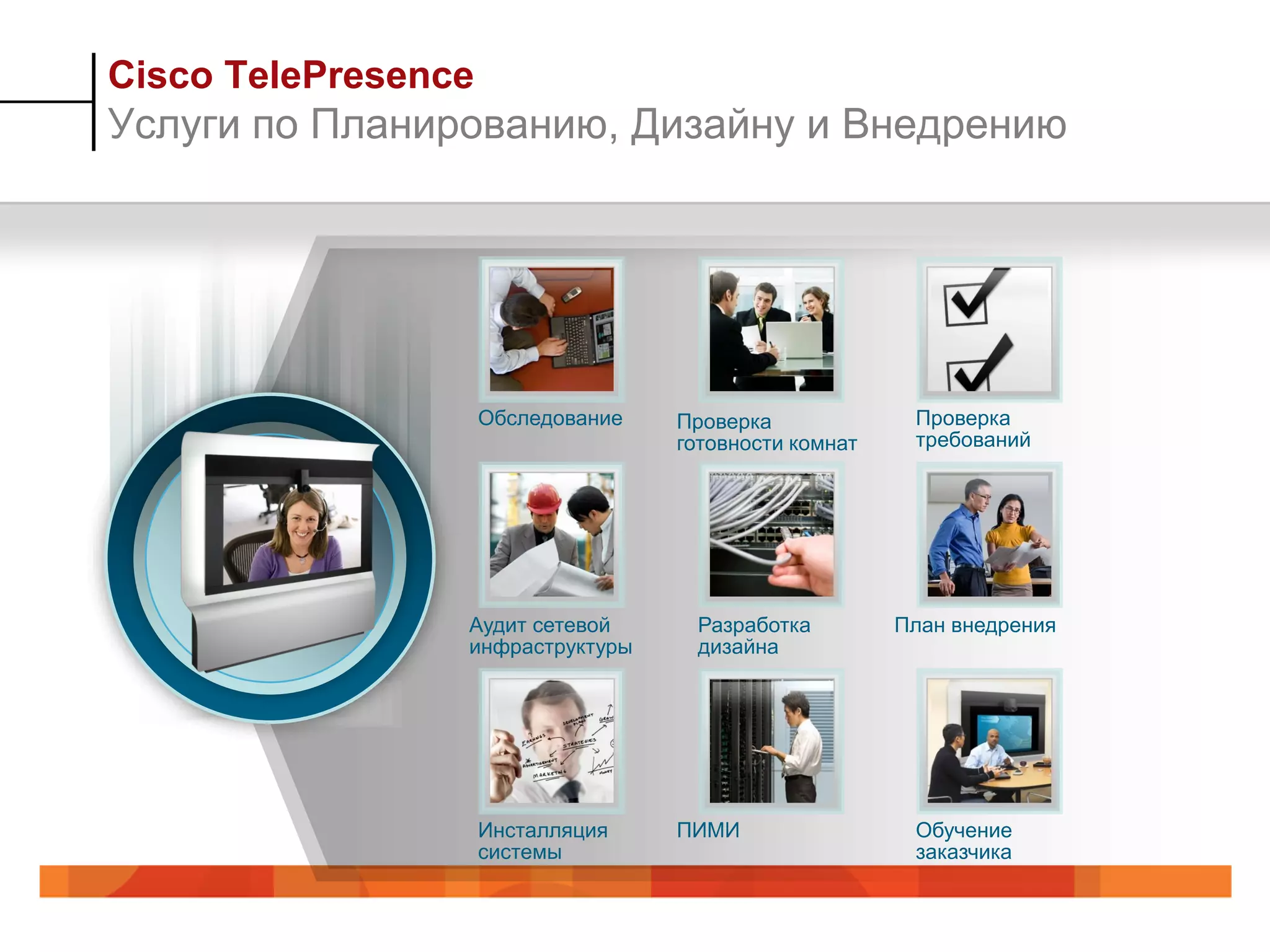 Cisco TelePresence
Услуги по Планированию, Дизайну и Внедрению




                     Обследование   Проверка             Проверка
                                    готовности комнат    требований




                 Аудит сетевой       Разработка         План внедрения
                 инфраструктуры      дизайна




                     Инсталляция    ПИМИ                 Обучение
                     системы                             заказчика
 