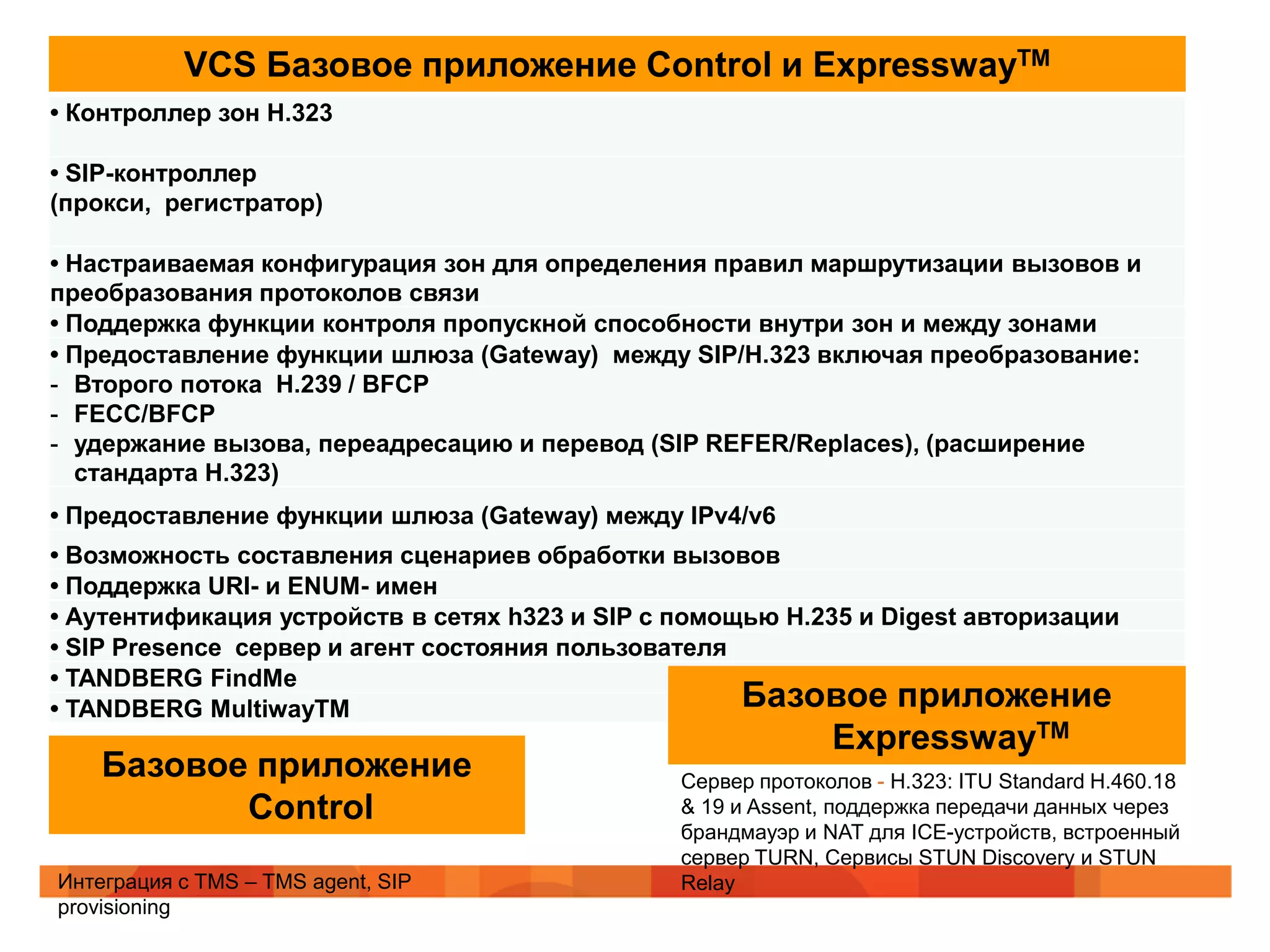 VCS Базовое приложение Control и ExpresswayTM
• Контроллер зон H.323

• SIP-контроллер
(прокси, регистратор)

• Настраиваемая конфигурация зон для определения правил маршрутизации вызовов и
преобразования протоколов связи
• Поддержка функции контроля пропускной способности внутри зон и между зонами
• Предоставление функции шлюза (Gateway) между SIP/H.323 включая преобразование:
- Второго потока H.239 / BFCP
- FECC/BFCP
- удержание вызова, переадресацию и перевод (SIP REFER/Replaces), (расширение
  стандарта H.323)
• Предоставление функции шлюза (Gateway) между IPv4/v6
• Возможность составления сценариев обработки вызовов
• Поддержка URI- и ENUM- имен
• Аутентификация устройств в сетях h323 и SIP с помощью H.235 и Digest авторизации
• SIP Presence сервер и агент состояния пользователя
• TANDBERG FindMe
• TANDBERG MultiwayTM                                Базовое приложение
                                                              ExpresswayTM
    Базовое приложение                          Сервер протоколов - H.323: ITU Standard H.460.18
           Control                              & 19 и Assent, поддержка передачи данных через
                                                брандмауэр и NAT для ICE-устройств, встроенный
                                                сервер TURN, Сервисы STUN Discovery и STUN
Интеграция с TMS – TMS agent, SIP               Relay
provisioning
 