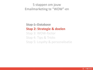 5 stappen om jouw
Emailmarketing te “WOW”-en
Stap 1: Database
Stap 2: Strategie & doelen
Stap 3: WOW-factor
Stap 4: Tips & Tricks
Stap 5: Loyalty & personalisatie
 