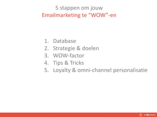 5 stappen om jouw
Emailmarketing te “WOW”-en
1. Database
2. Strategie & doelen
3. WOW-factor
4. Tips & Tricks
5. Loyalty & omni-channel personalisatie
 