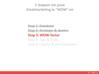 5 stappen om jouw
Emailmarketing te “WOW”-en
Stap 1: Database
Stap 2: Strategie & doelen
Stap 3: WOW-factor
Stap 4: Tips & Tricks
Stap 5: Loyalty & personalisatie
 