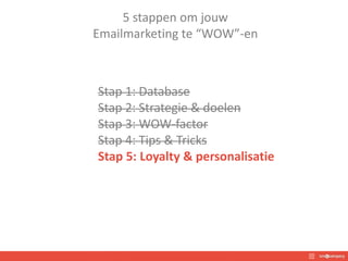 5 stappen om jouw
Emailmarketing te “WOW”-en
Stap 1: Database
Stap 2: Strategie & doelen
Stap 3: WOW-factor
Stap 4: Tips & Tricks
Stap 5: Loyalty & personalisatie
 