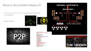 What is the DarkNet Made of?
The Construction is down to imagination, ingenuity,
and creativity.
•
Dynamic URL’s
 