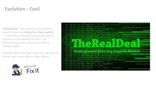 Evolution - CaaS
TheRealDeal," has opened up for hackers,
which focuses on selling Zero-Day exploits
— infiltration codes that took advantage of
software vulnerabilities for which the
manufacturers have released no official
software patch.
Consider MS15-034 flaw which has left over 70
million sites vulnerable to Cyber Attack.
 