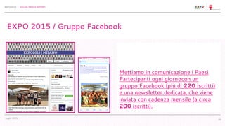 Luglio 2015
EXPO2015 | SOCIAL MEDIA REPORT
00
EXPO 2015 / Gruppo Facebook
Mettiamo in comunicazione i Paesi
Partecipanti ogni giornocon un
gruppo Facebook (più di 220 iscritti)
e una newsletter dedicata, che viene
inviata con cadenza mensile (a circa
200 iscritti).
 