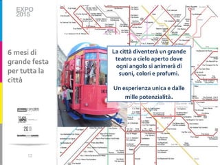 6 mesi di      La città diventerà un grande
                teatro a cielo aperto dove
grande festa
                ogni angolo si animerà di
per tutta la     suoni, colori e profumi.
città
               Un esperienza unica e dalle
                   mille potenzialità.




     12
 