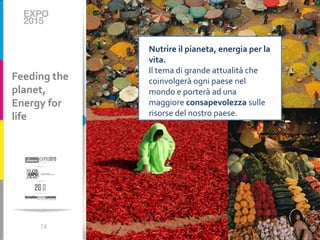 Nutrire il pianeta, energia per la
              vita.
              Il tema di grande attualità che
Feeding the   coinvolgerà ogni paese nel
planet,       mondo e porterà ad una
Energy for    maggiore consapevolezza sulle
life          risorse del nostro paese.




     14
 