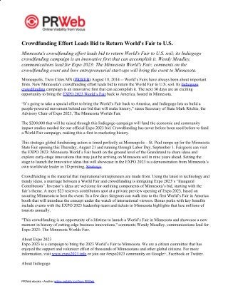 Expo 2023 Press Release Crowdfunding Effort Leads Bid to Return World's Fair to U.S. 8-18-14