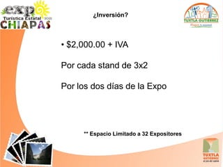¿Inversión?



• $2,000.00 + IVA

Por cada stand de 3x2

Por los dos días de la Expo




     ** Espacio Limitado a 32 Expositores
 