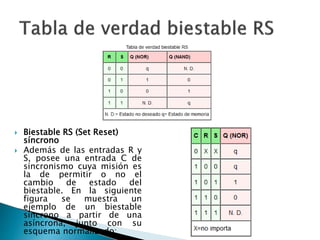  Biestable RS (Set Reset)
síncrono
 Además de las entradas R y
S, posee una entrada C de
sincronismo cuya misión es
la de permitir o no el
cambio de estado del
biestable. En la siguiente
figura se muestra un
ejemplo de un biestable
síncrono a partir de una
asíncrona, junto con su
esquema normalizado:
 