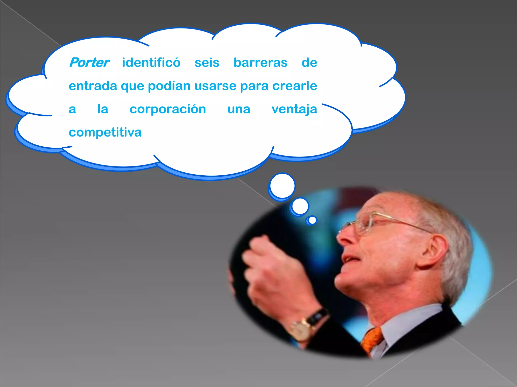 Porter identificó seis barreras de
Porter identificó seis barreras de
entrada que podían usarse para crearle
entrada que podían usarse para crearle
a la
a    la corporación
         corporación unauna ventaja
                               ventaja
competitiva
competitiva
 
