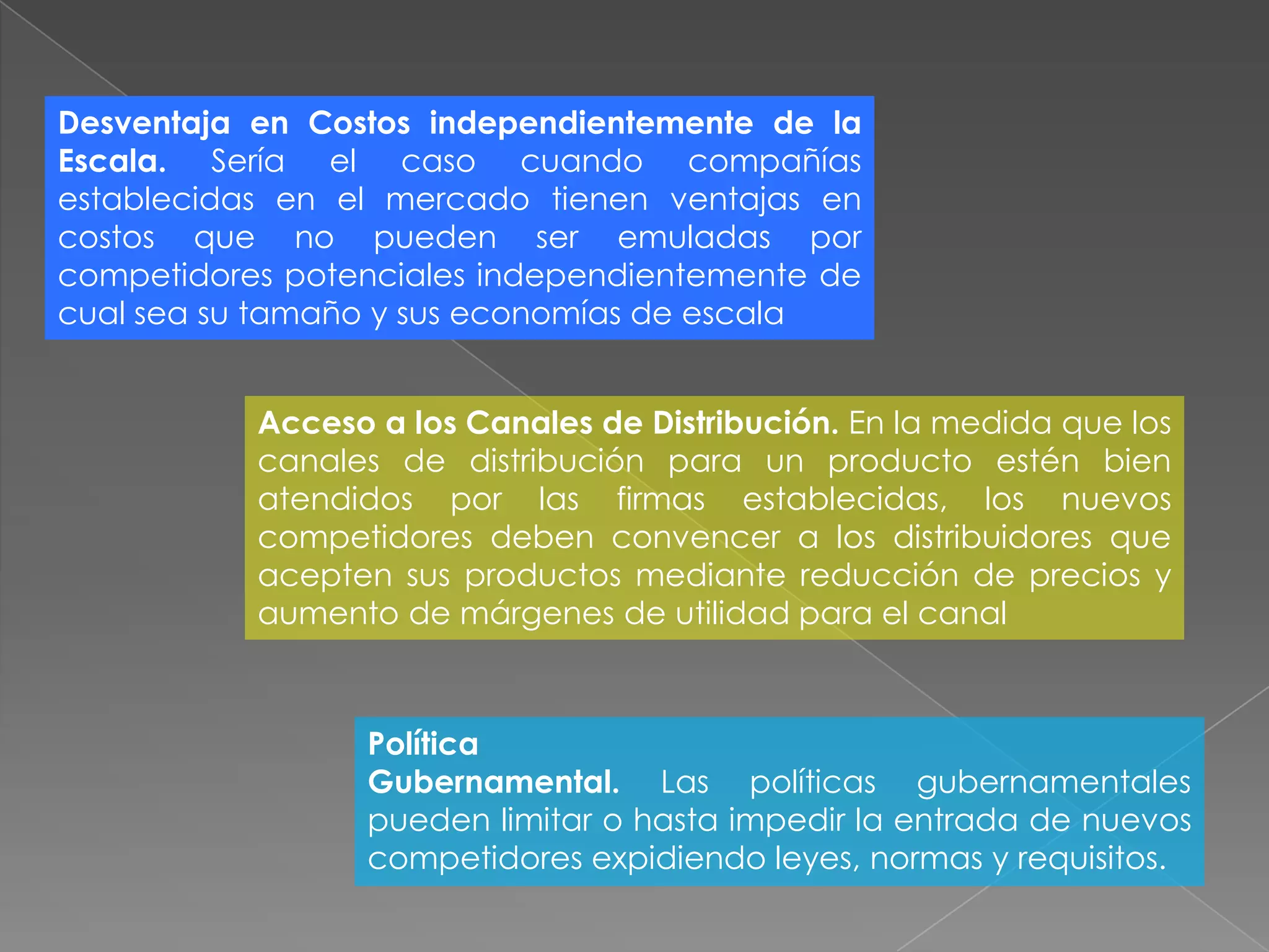 Desventaja en Costos independientemente de la
Escala. Sería el caso cuando compañías
establecidas en el mercado tienen ventajas en
costos que no pueden ser emuladas por
competidores potenciales independientemente de
cual sea su tamaño y sus economías de escala


           Acceso a los Canales de Distribución. En la medida que los
           canales de distribución para un producto estén bien
           atendidos por las firmas establecidas, los nuevos
           competidores deben convencer a los distribuidores que
           acepten sus productos mediante reducción de precios y
           aumento de márgenes de utilidad para el canal



                 Política
                 Gubernamental. Las políticas gubernamentales
                 pueden limitar o hasta impedir la entrada de nuevos
                 competidores expidiendo leyes, normas y requisitos.
 