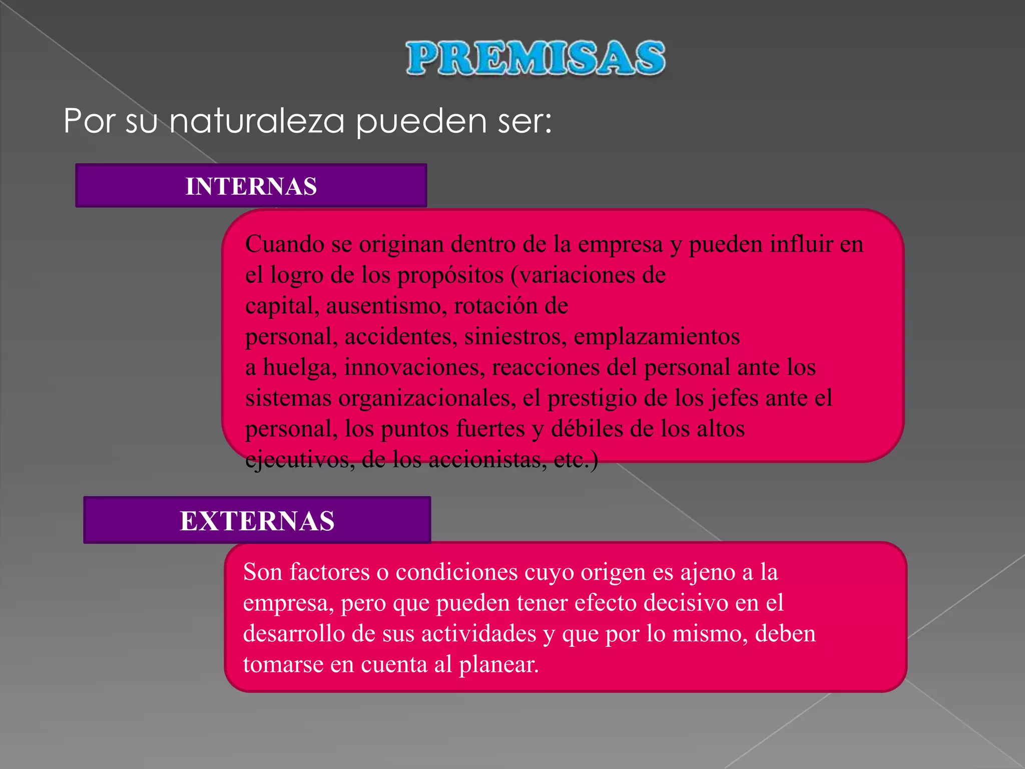 Por su naturaleza pueden ser:
       INTERNAS

          Cuando se originan dentro de la empresa y pueden influir en
          el logro de los propósitos (variaciones de
          capital, ausentismo, rotación de
          personal, accidentes, siniestros, emplazamientos
          a huelga, innovaciones, reacciones del personal ante los
          sistemas organizacionales, el prestigio de los jefes ante el
          personal, los puntos fuertes y débiles de los altos
          ejecutivos, de los accionistas, etc.)

      EXTERNAS
          Son factores o condiciones cuyo origen es ajeno a la
          empresa, pero que pueden tener efecto decisivo en el
          desarrollo de sus actividades y que por lo mismo, deben
          tomarse en cuenta al planear.
 