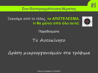 Συν-διαπραγμάτευση θέματος
Ξεκινάμε από το τέλος, το ΑΠΟΤΕΛΕΣΜΑ,
τι θα μείνει από όλο αυτό;
Παραδείγματα

Το Αυτοκίνητο
Δράση μικροοργανισμών στα τρόφιμα

Γιάννης Τζωρτζάκης 15/12/2013

 