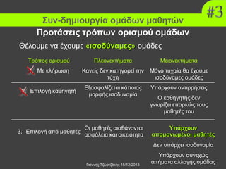 Συν-δημιουργία ομάδων μαθητών
Προτάσεις τρόπων ορισμού ομάδων
Θέλουμε να έχουμε «ισοδύναμες» ομάδες
Τρόπος ορισμού

Πλεονεκτήματα

Μειονεκτήματα

1. Με κλήρωση

Κανείς δεν κατηγορεί την
τύχη

Μόνο τυχαία θα έχουμε
ισοδύναμες ομάδες

Εξασφαλίζεται κάποιας
μορφής ισοδυναμία

Υπάρχουν αντιρρήσεις

2. Επιλογή καθηγητή

3. Επιλογή από μαθητές

Οι μαθητές αισθάνονται
ασφάλεια και οικειότητα

Ο καθηγητής δεν
γνωρίζει επαρκώς τους
μαθητές του
Υπάρχουν
απομονωμένοι μαθητές
Δεν υπάρχει ισοδυναμία

Γιάννης Τζωρτζάκης 15/12/2013

Υπάρχουν συνεχώς
αιτήματα αλλαγής ομάδας

 